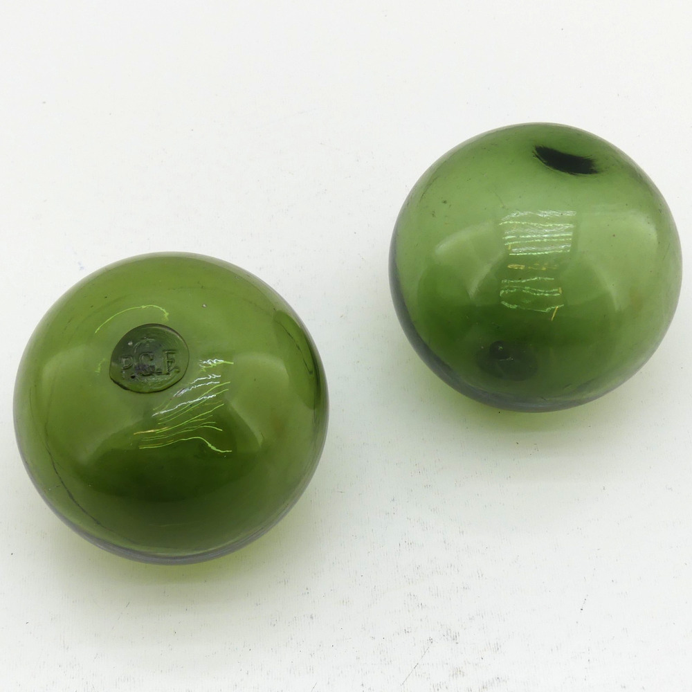 VTG Glass Fishing Float Buoy in Netting, Green 6", Seal Button, c 1960s~Nautical
